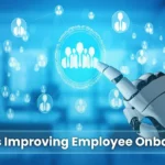 Robotic hand pointing at a digital interface with human icons, symbolizing AI-powered employee onboarding, automation, and smart analytics for modern HR systems.