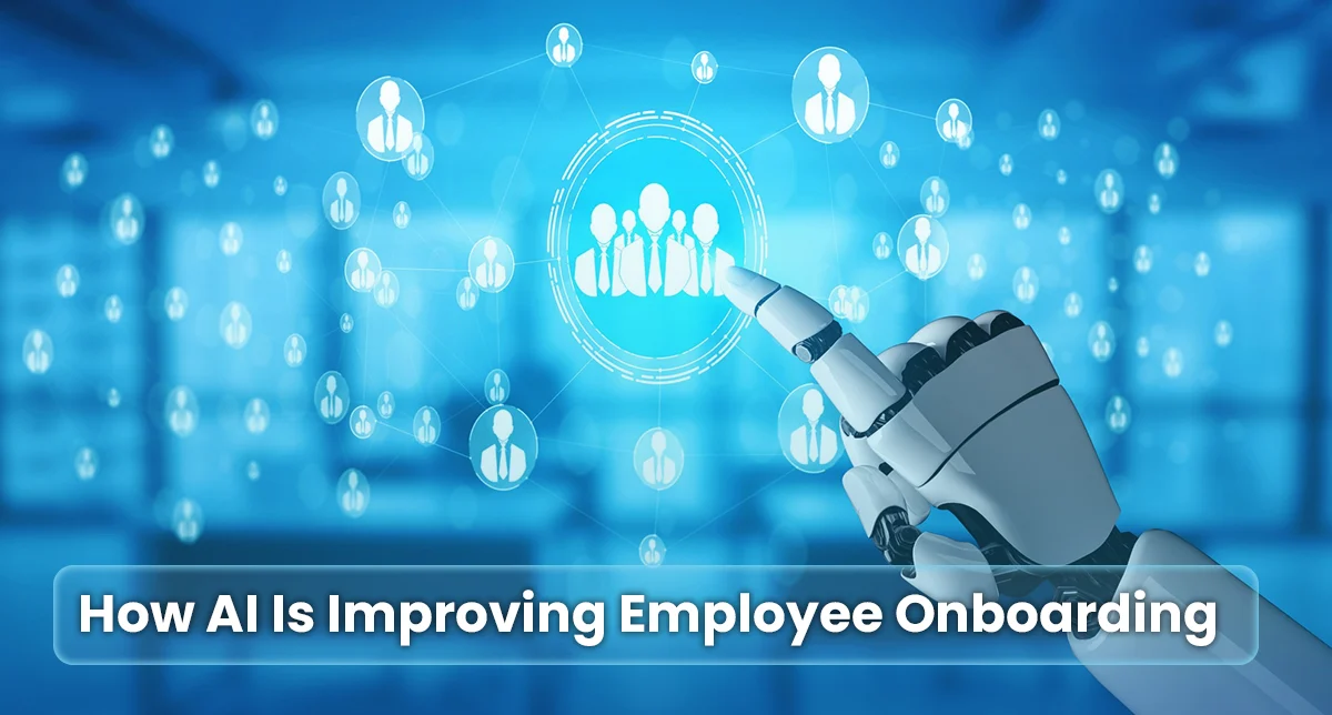 Robotic hand pointing at a digital interface with human icons, symbolizing AI-powered employee onboarding, automation, and smart analytics for modern HR systems.