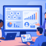 A business dashboard showing CRM automation workflows and customer engagement metrics.