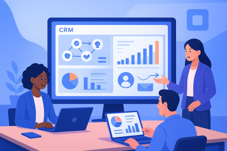 A business dashboard showing CRM automation workflows and customer engagement metrics.