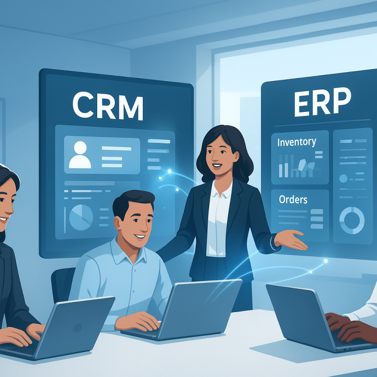 CRM and ERP systems sharing real-time business data on one dashboard