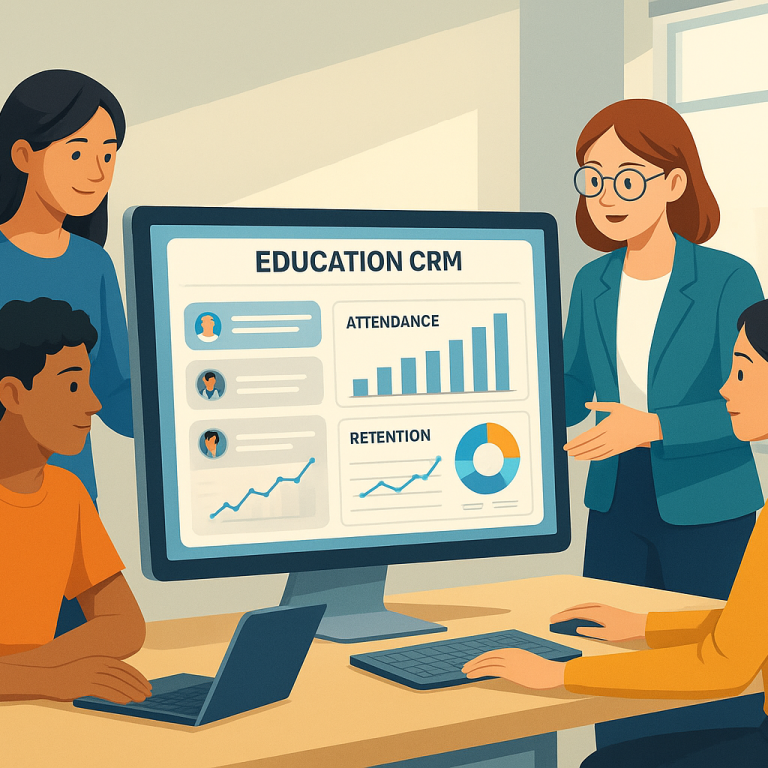 Students using an education CRM platform to track progress and receive support.