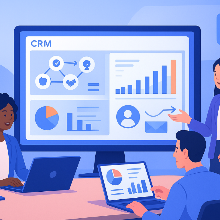 A business dashboard showing CRM automation workflows and customer engagement metrics.